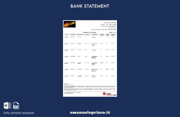 modello di pagine di parole di estratto conto bancario India Jazz Cash in stile 